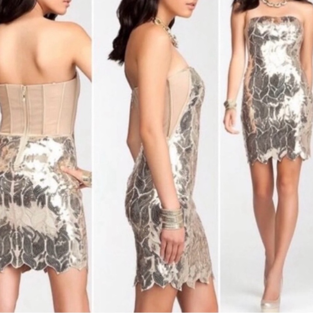 Bebe Leaf Strapless Gold Dress